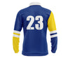 Custom yellow and blue long-sleeve school leaver with white accents